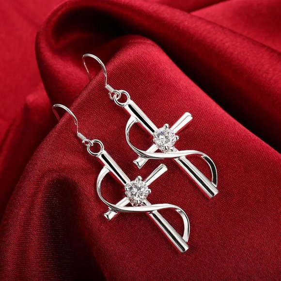 Beautiful Crystal Cross Hanging Earring's Solid 925 Sterling Silver - Picture 5 of 8